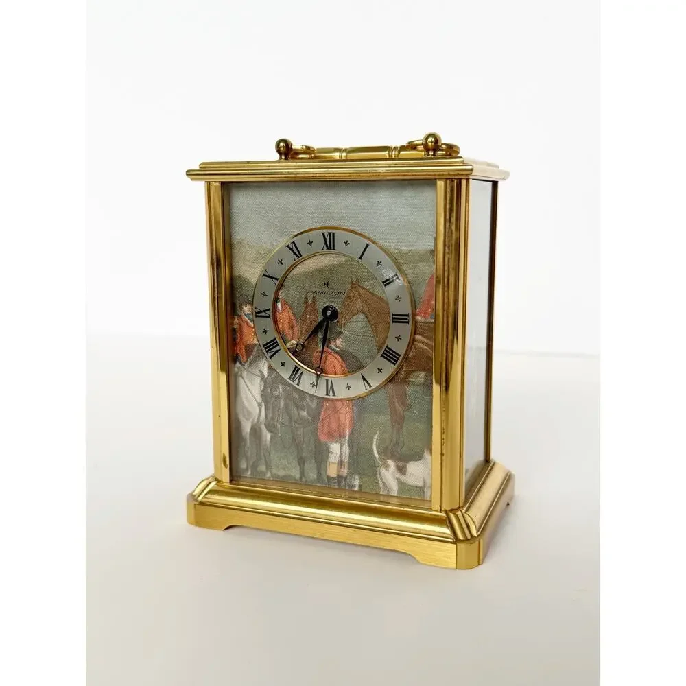 Vintage Hamilton Electronic Gold Brass Miniature Shelf Mantel Fox Hunt Clock